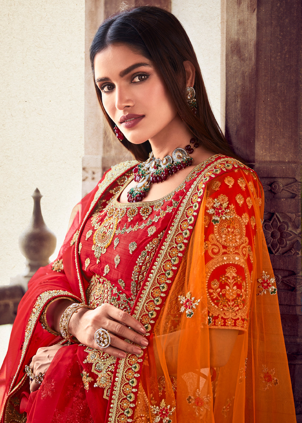 Persian Red and Orange Heavy Embroidered Designer Lehenga