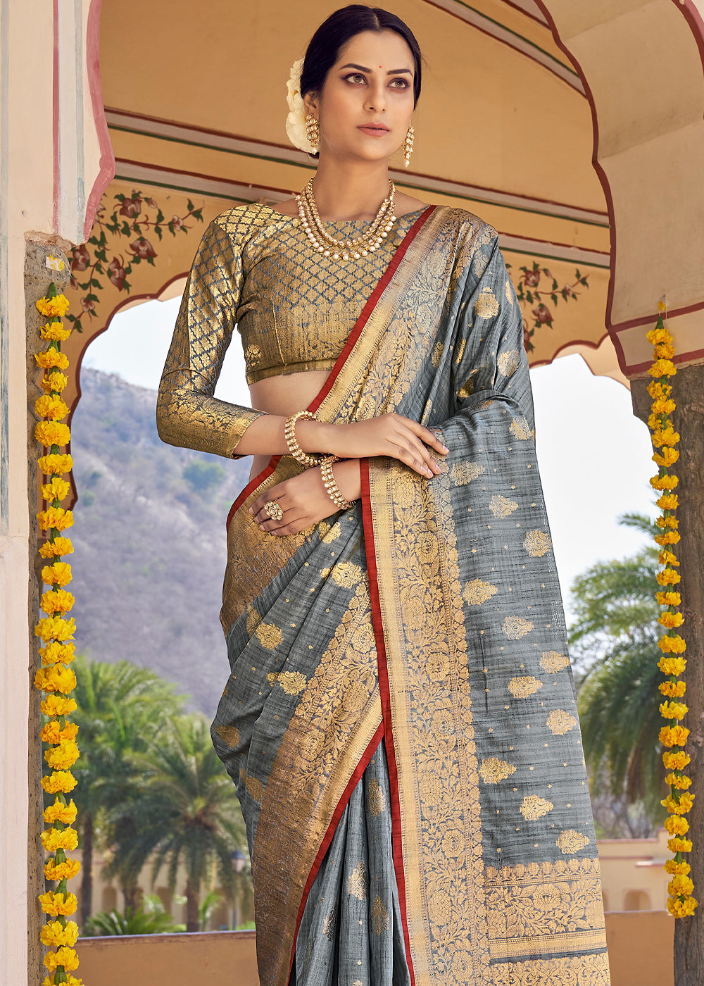 Silver Sand Grey Zari Woven Banarasi Linen Saree