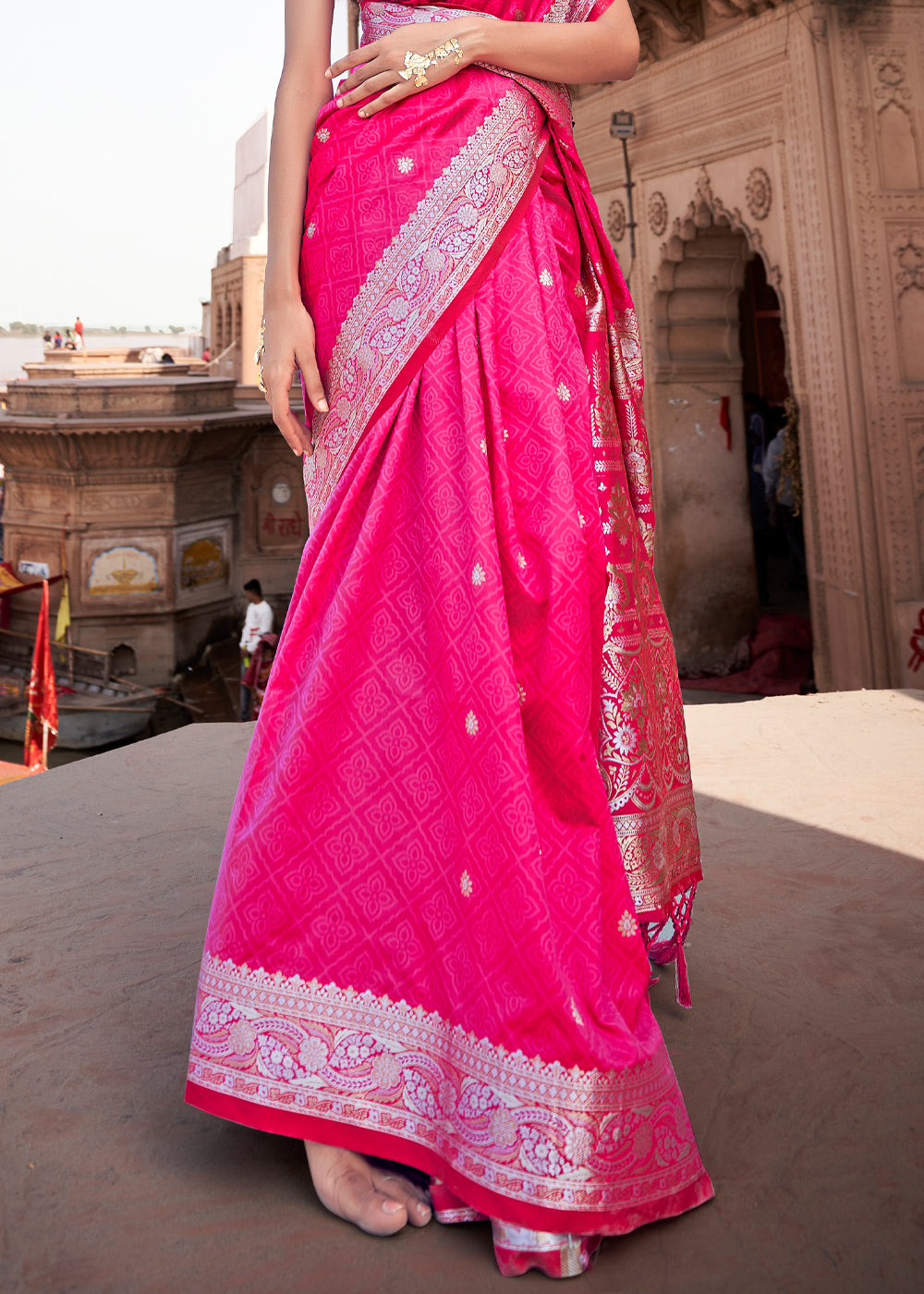 Rose Pink Woven Banarasi Satin Silk Saree