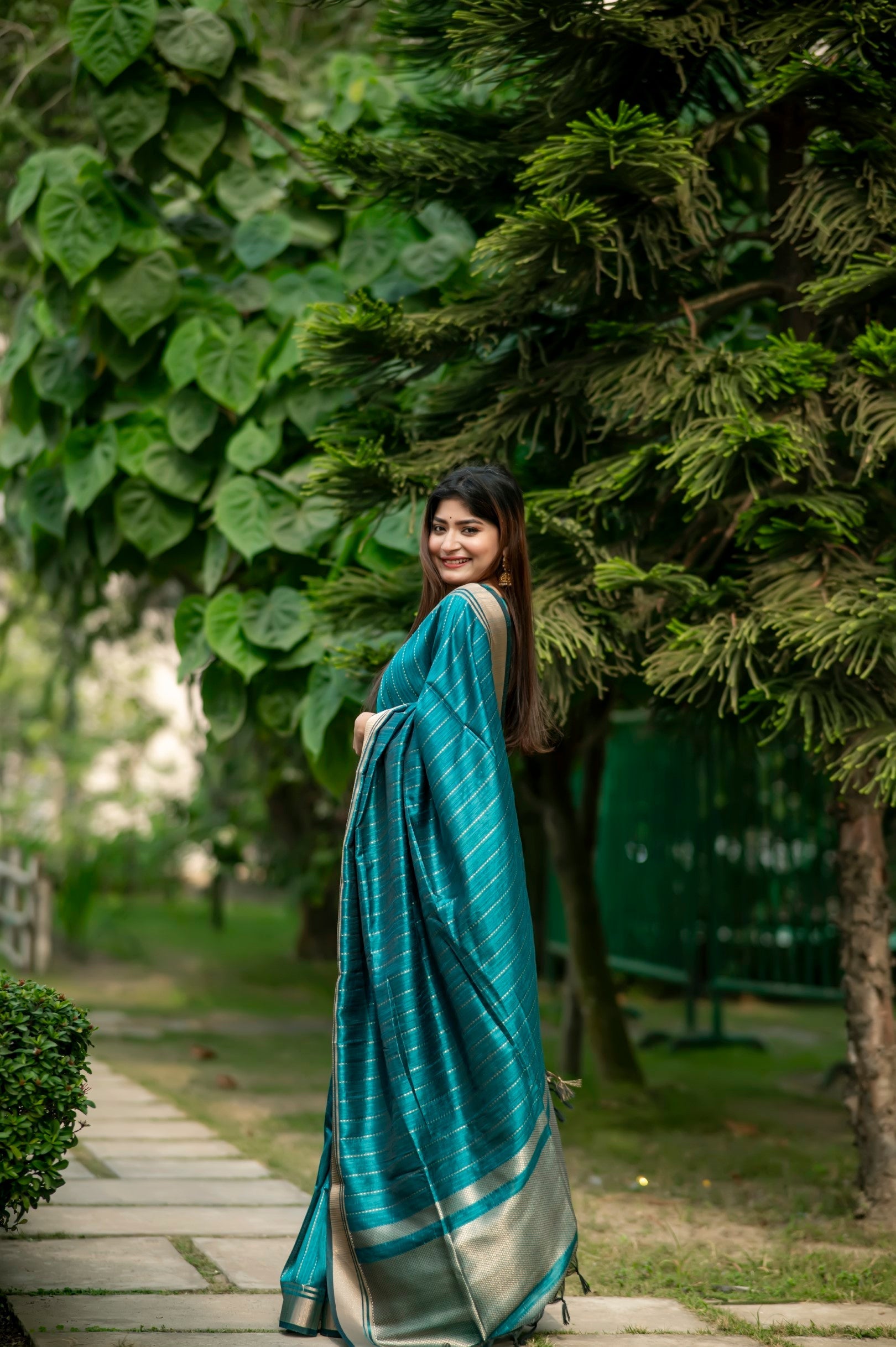 Teal Blue Woven Raw Silk Saree