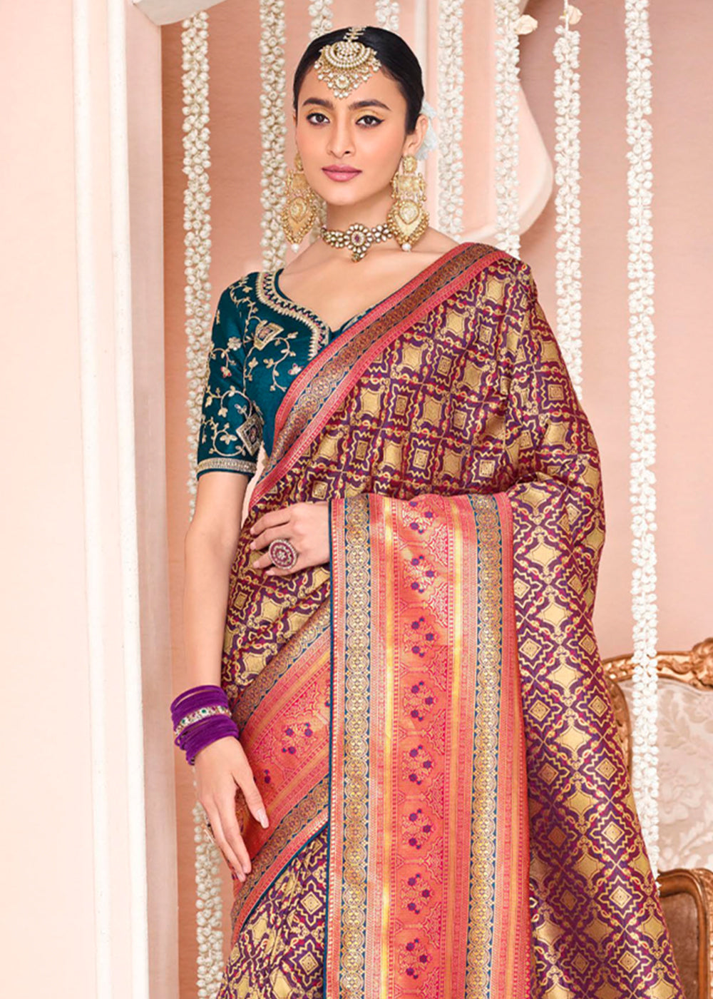 Copper Purple and Blue Zari Woven Banarasi Saree with Designer Blouse