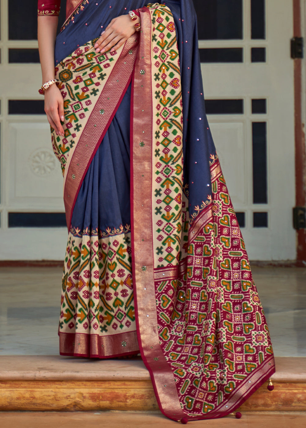 Martinique Blue and Red Woven Patola Silk Saree