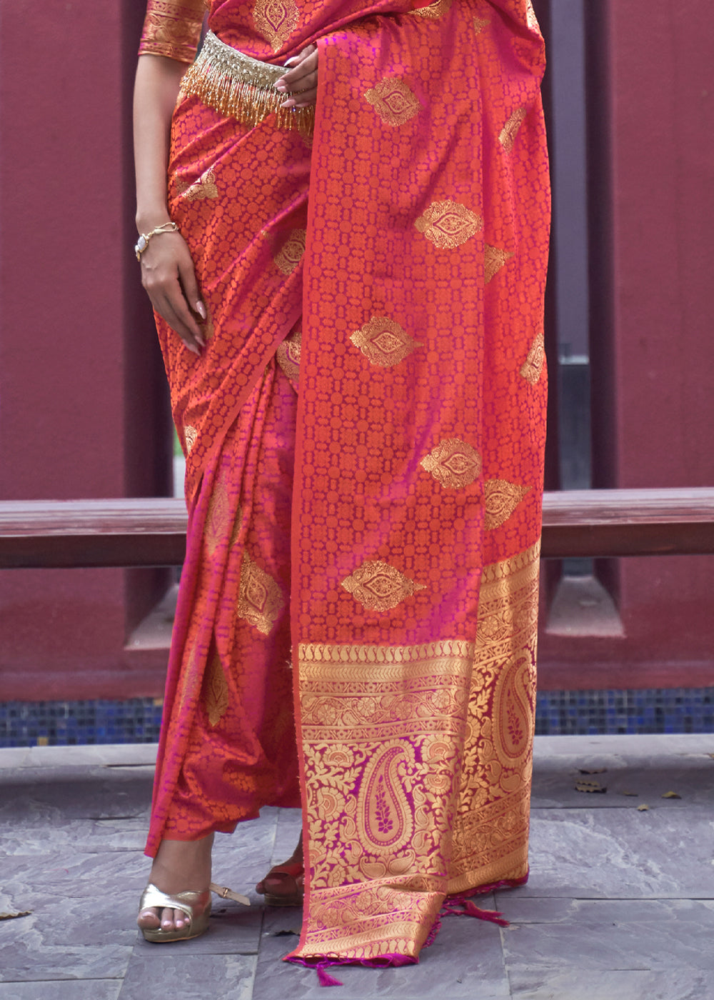 Red Damask Banarasi Woven Satin Silk Saree