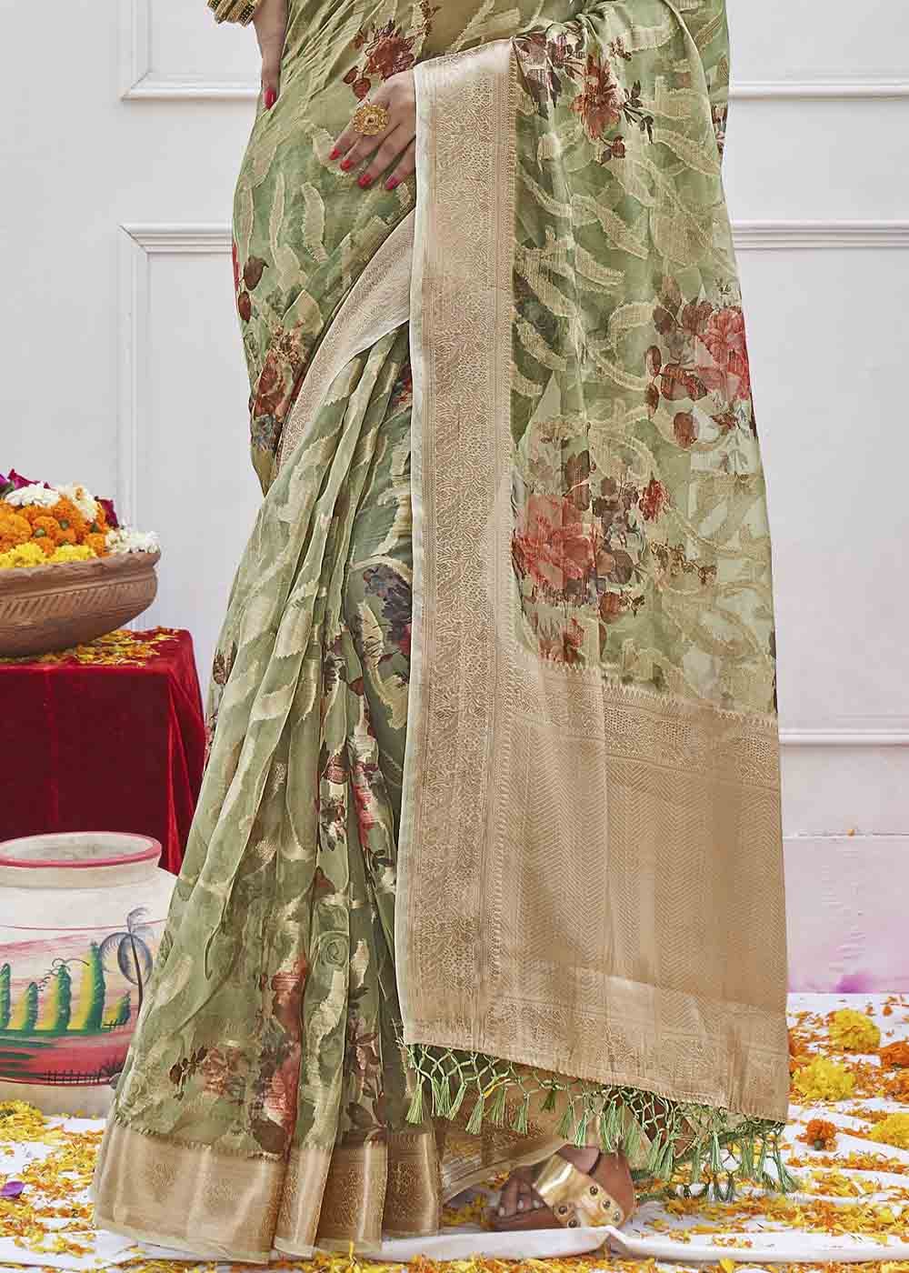 Sage Green Digital Printed Organza Silk Saree