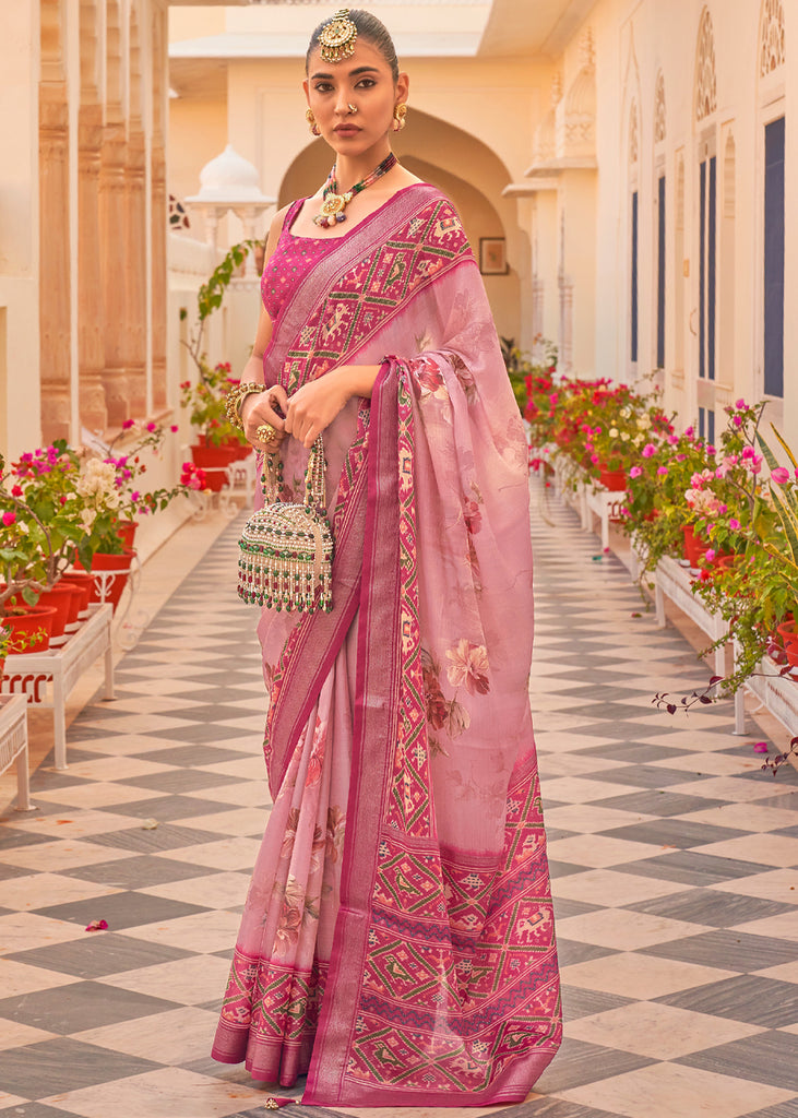 Froly Pink Printed Chiffon Patola Silk Saree