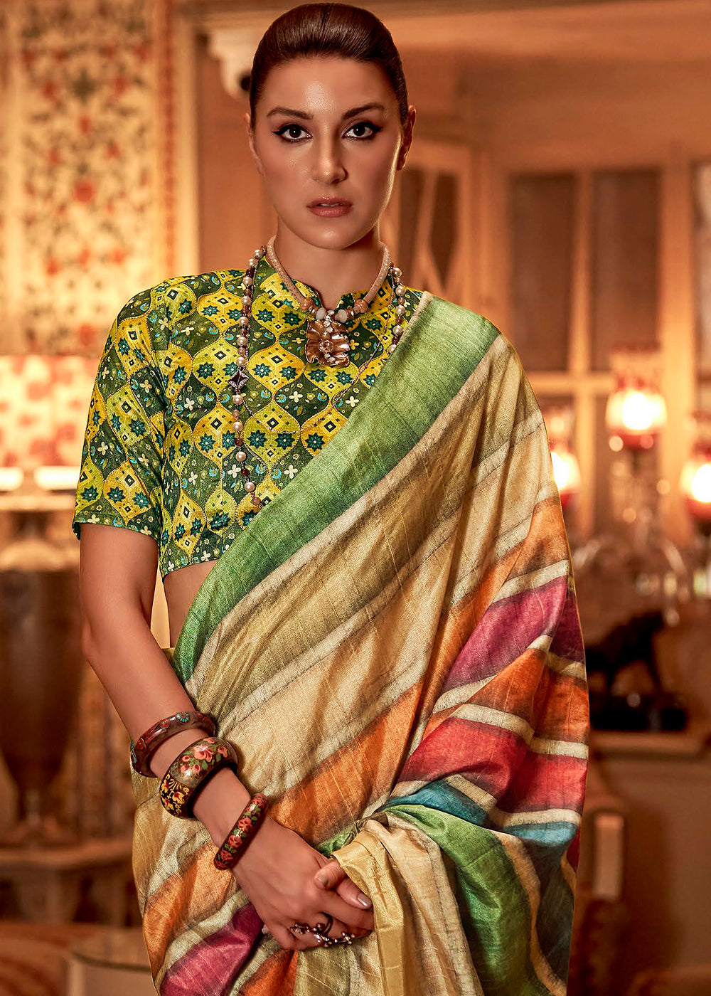 Aztec Multicolored Cream and Green Printed Banarasi Saree