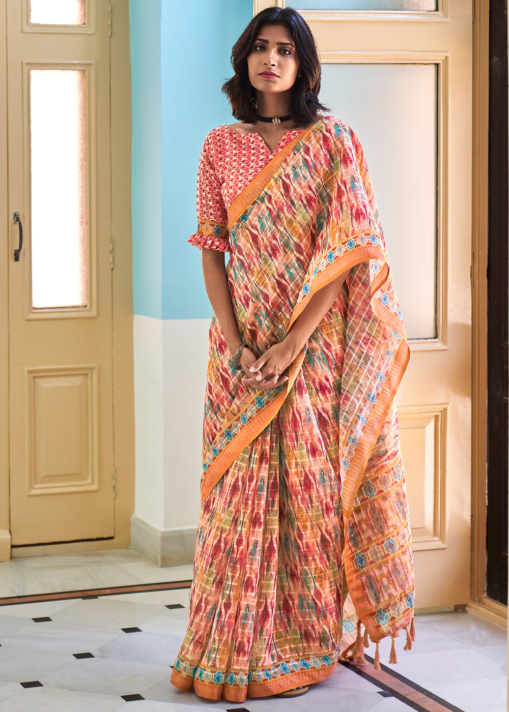 Petite Pink Printed Linen Saree