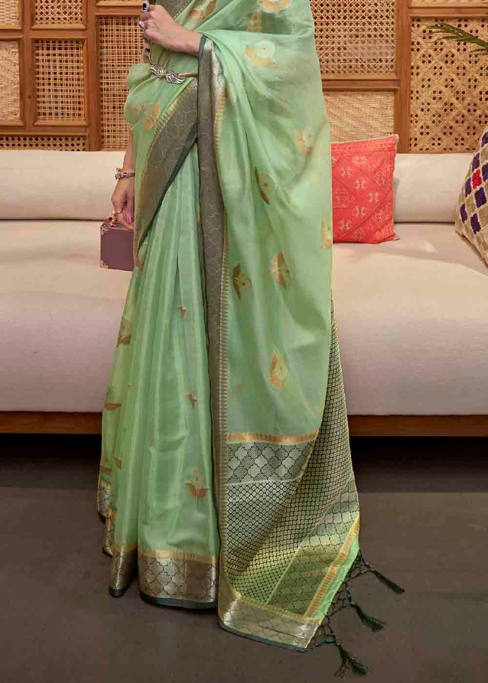 Asparagus Green Zari Woven Two Tone Organza Saree