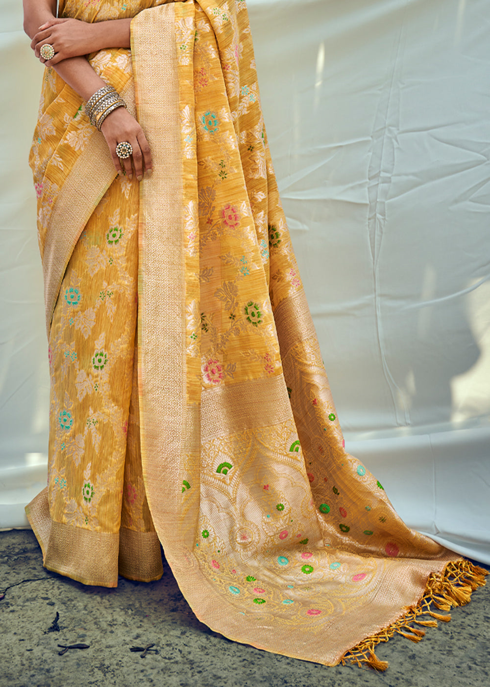 Mustard Yellow Zari Woven Banarasi Linen Saree