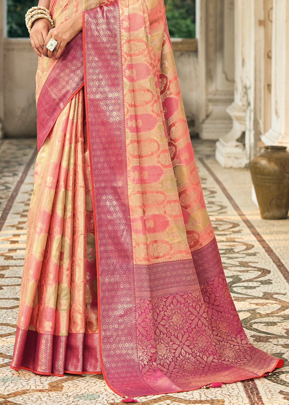 Copperfield Peach Woven Organza Banarasi Silk Saree