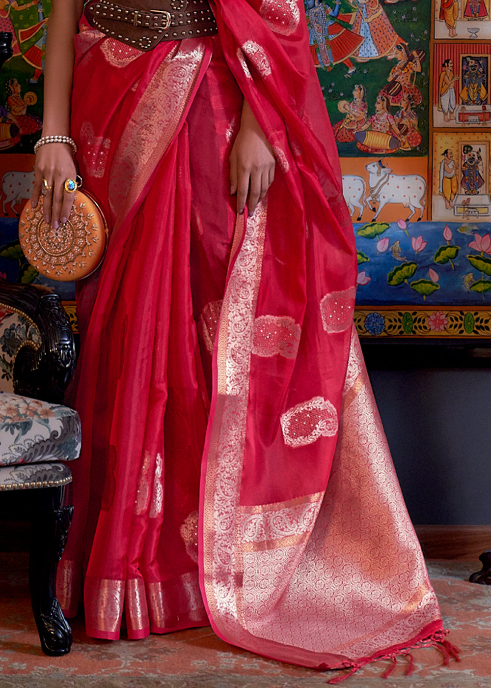 Rose Pearl Red Woven Banarasi Organza Silk Saree