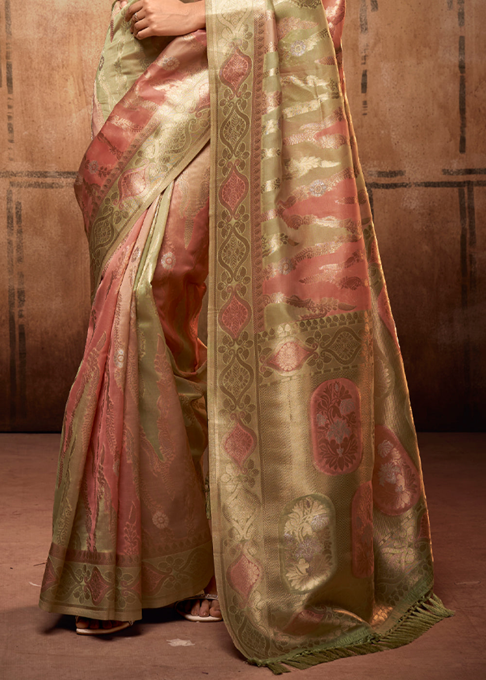 Antique Pink and Green Zari Woven Banarasi Organza Saree