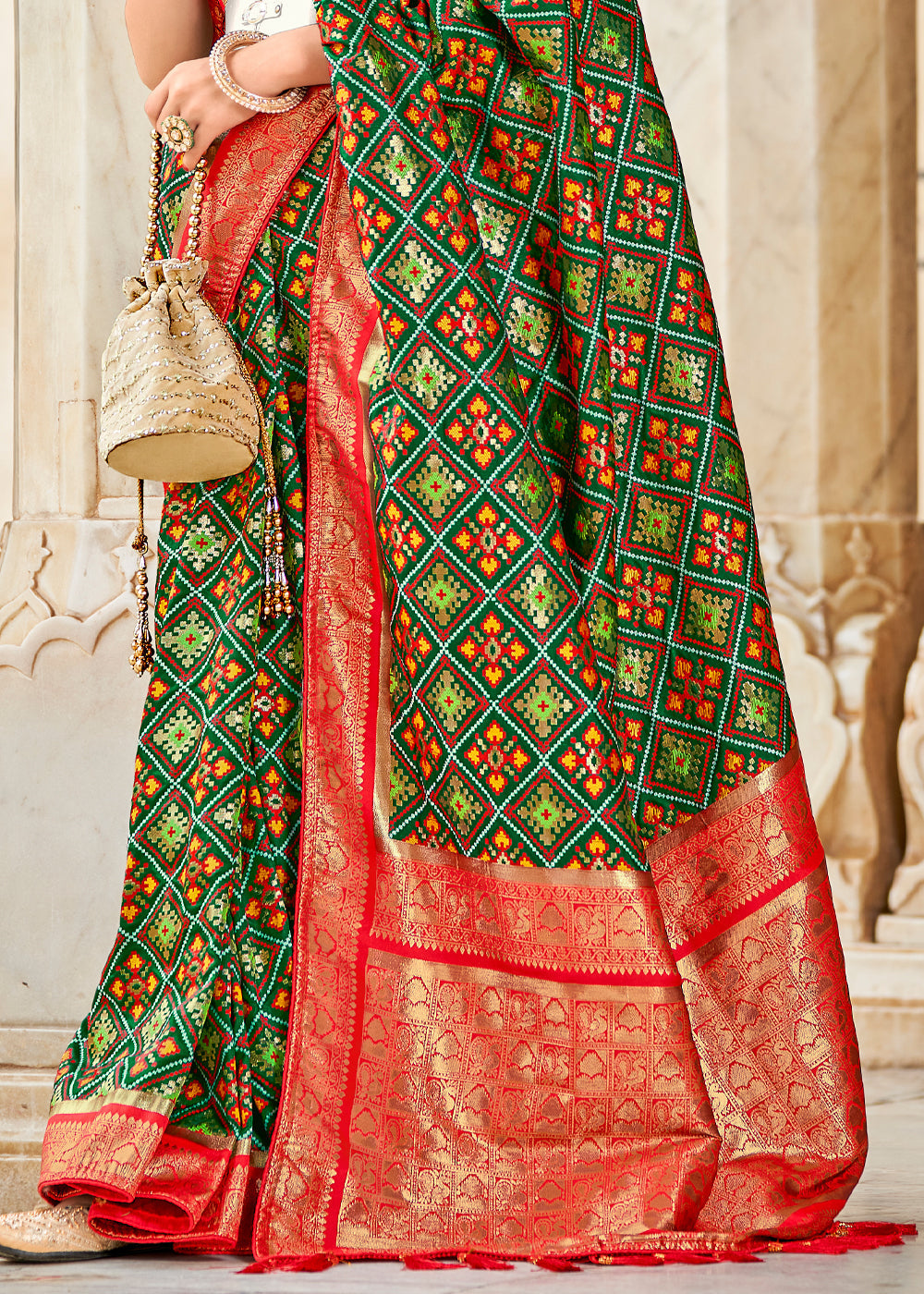 Kelp Green and Red Zari Woven Patola Saree