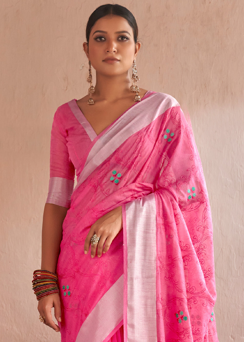 Froly Pink Floral Embroidered Linen Saree