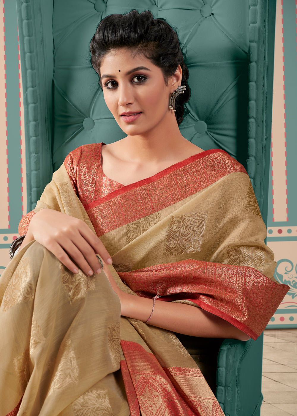 Muddy Water Cream Zari Woven Banarasi Brocade Linen Saree