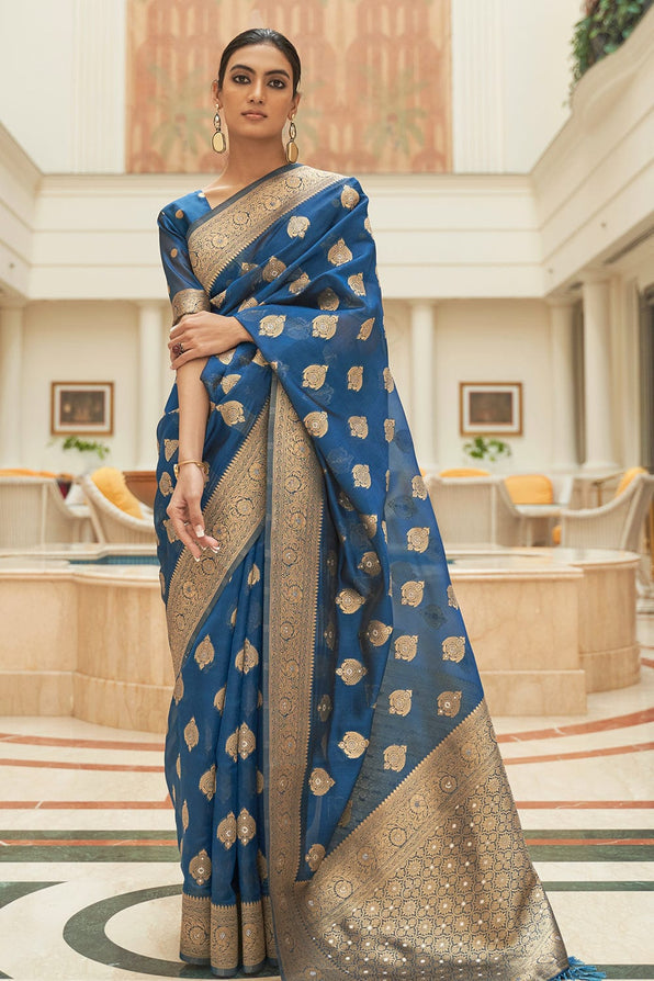 San Marino Blue Zari Woven Organza Silk Saree