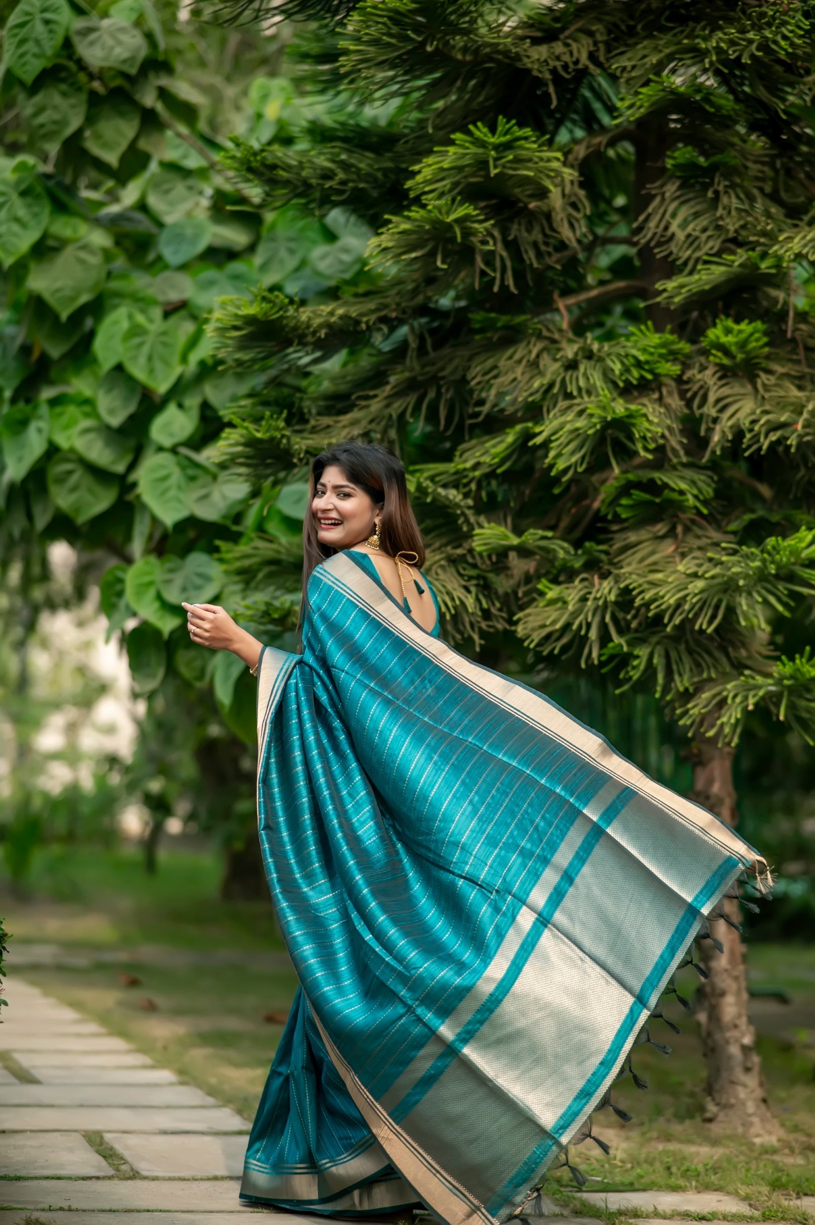 Teal Blue Woven Raw Silk Saree