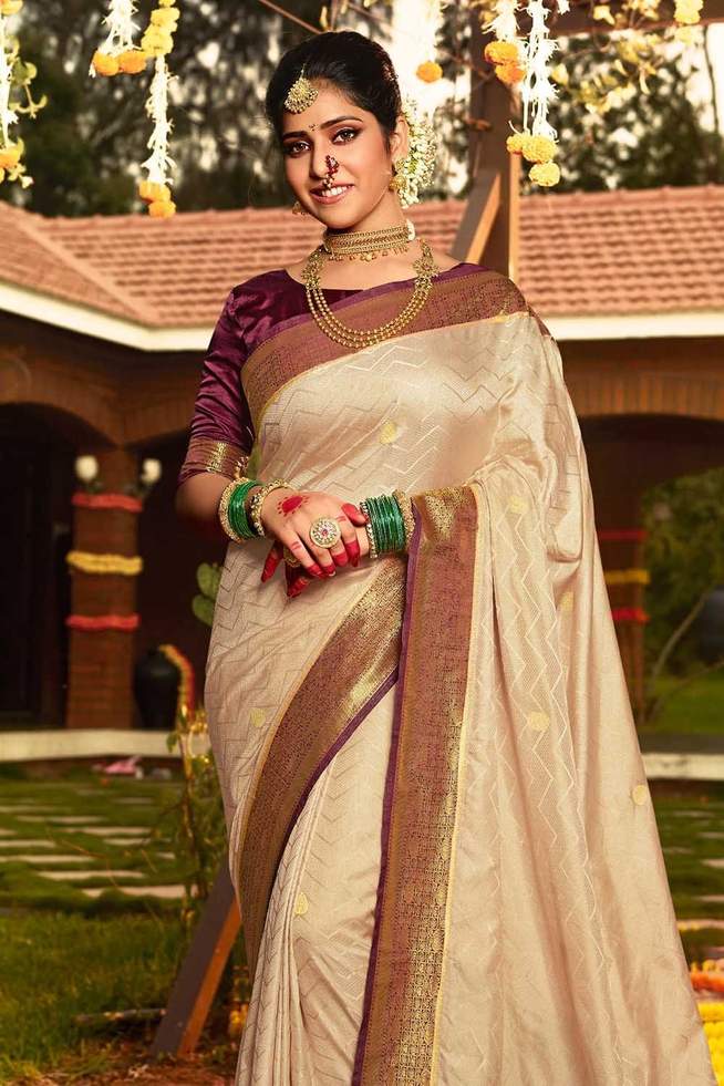 Calico Cream and Brown Zari Woven Kanjivaram Saree