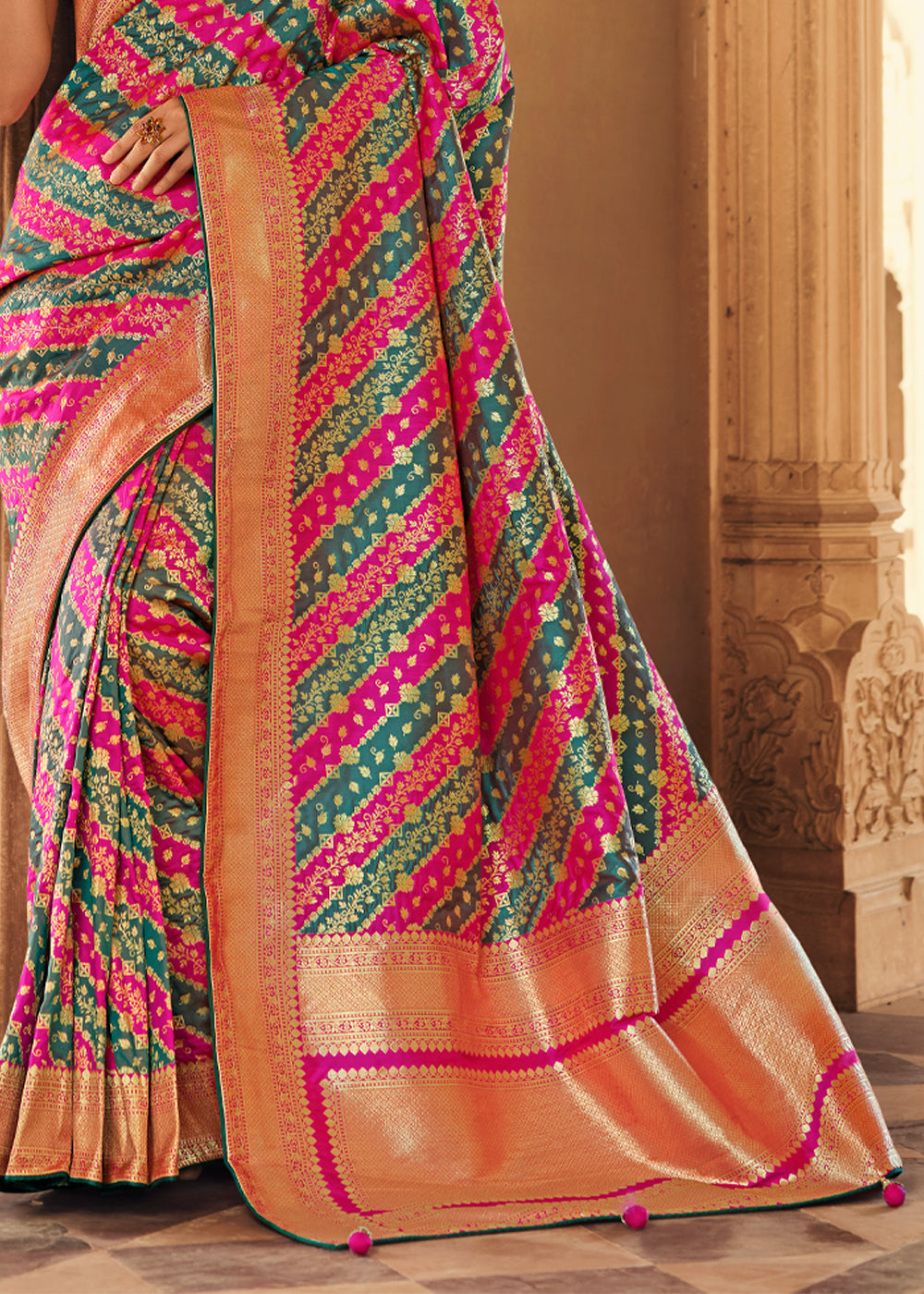 Cedar Pink and Green Zari Woven Striped Banarasi Saree with Designer Blouse