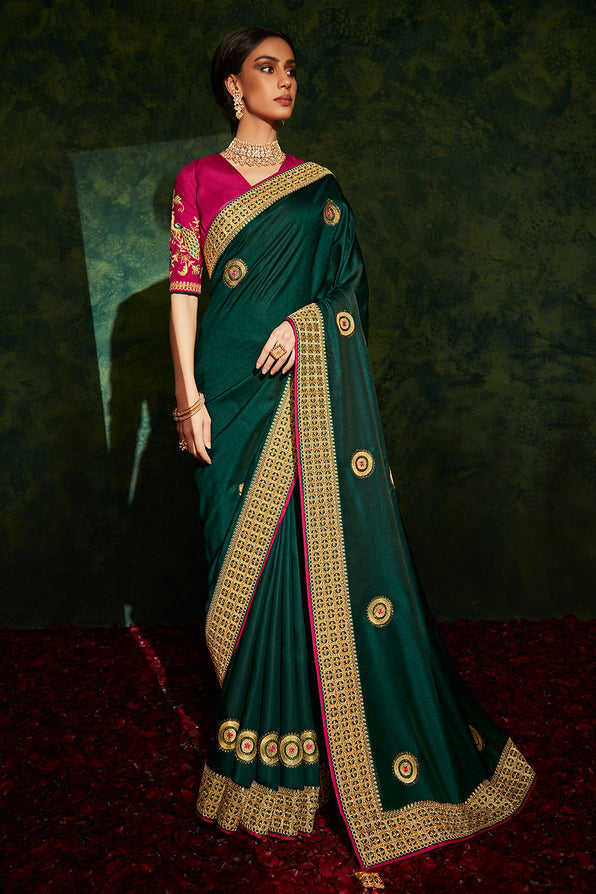 Plantation Green and Pink South Silk Saree