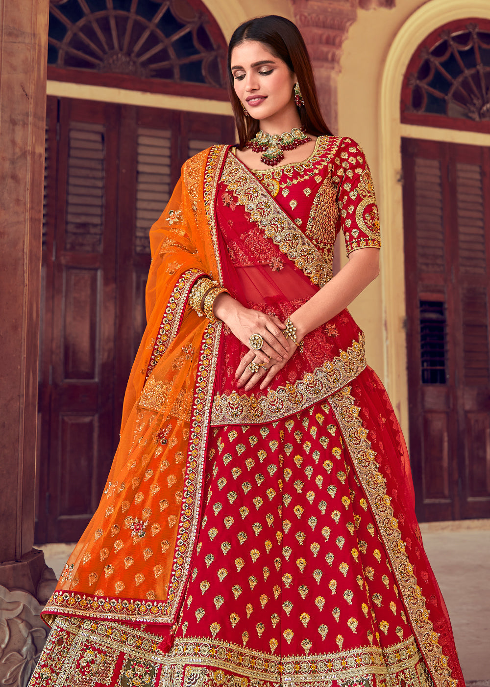 Persian Red and Orange Heavy Embroidered Designer Lehenga