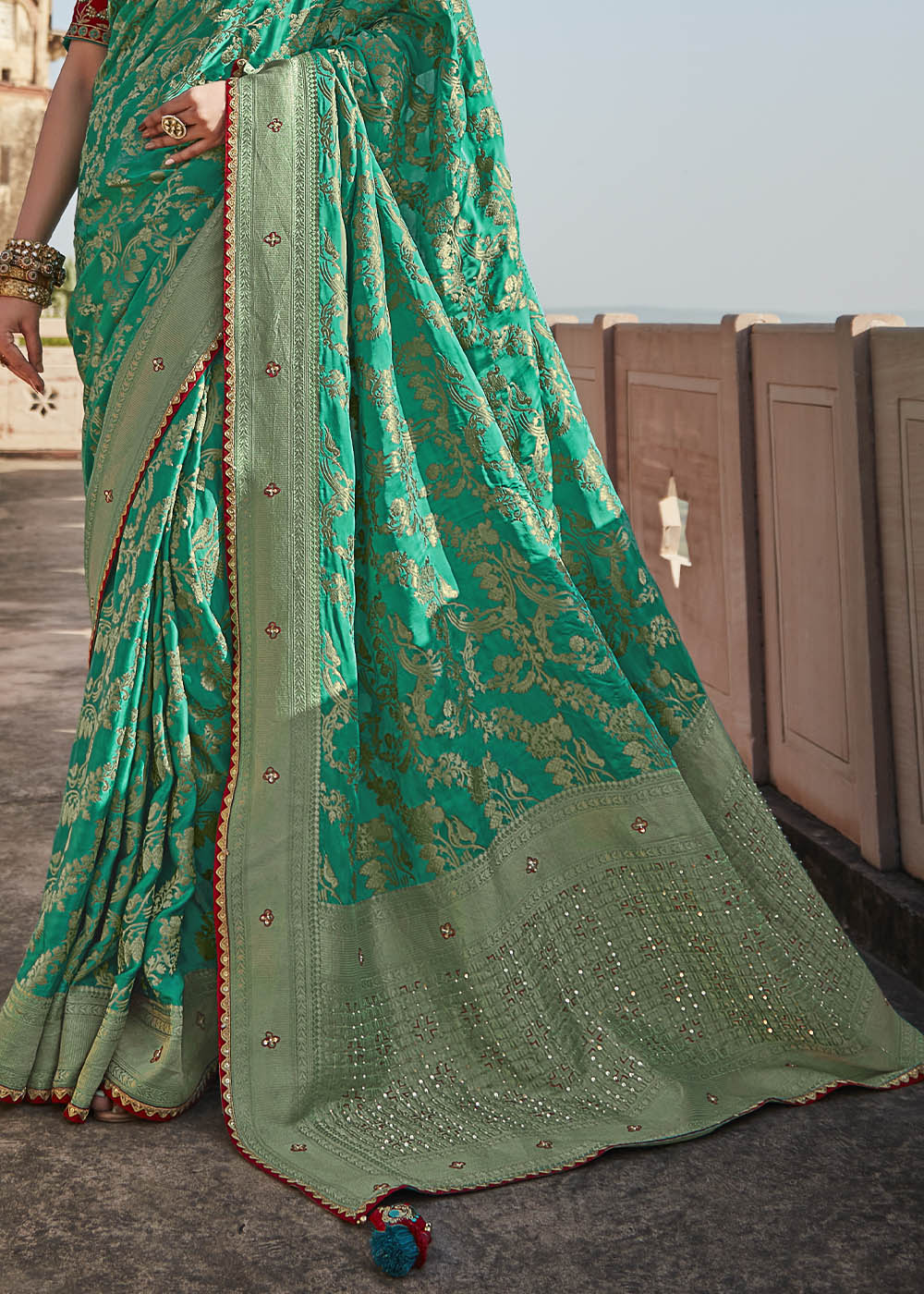 Shiny Green Zari Woven Banarasi Silk Saree with Embroidered Blouse