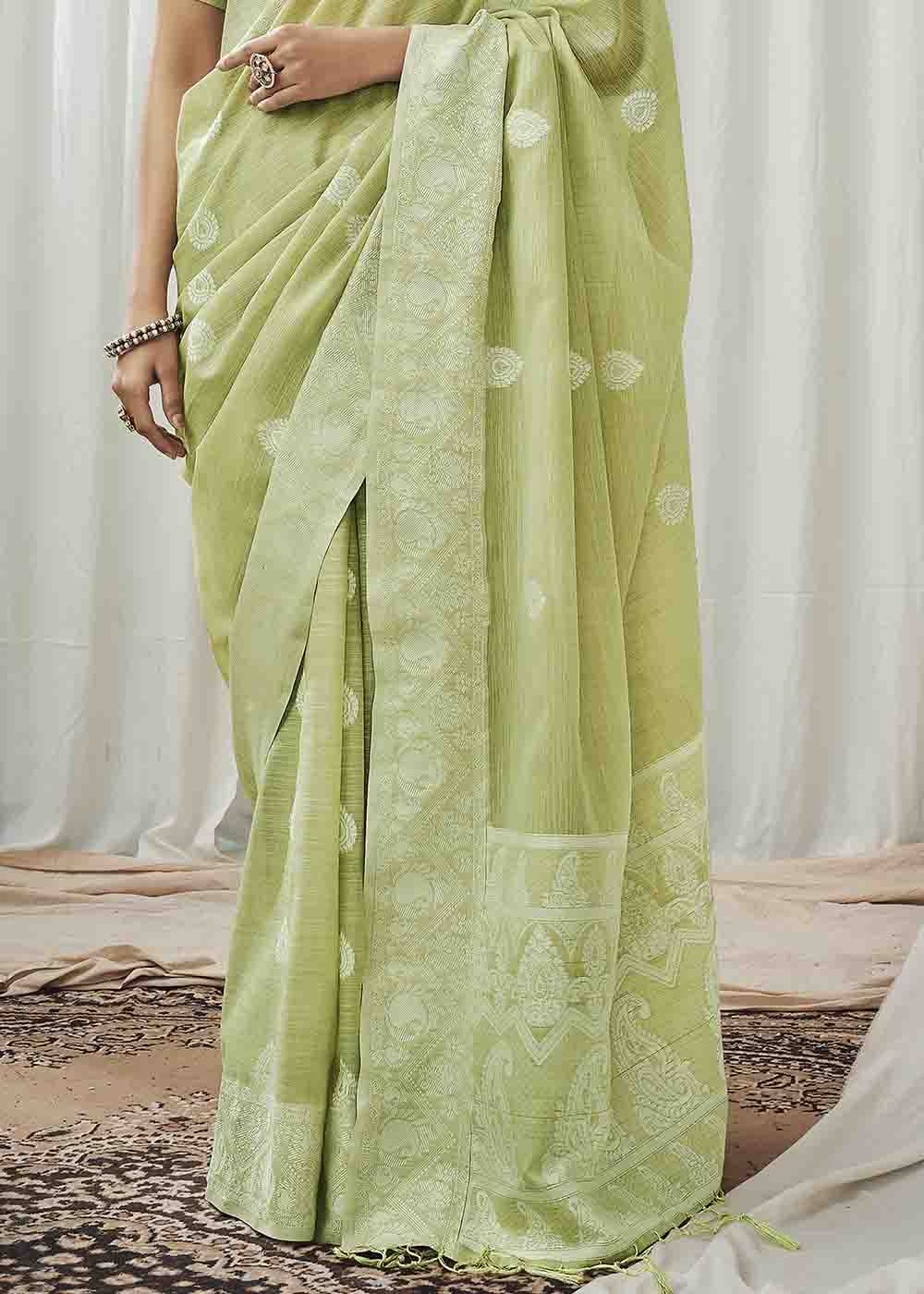 Misty Green Chikankari Linen Saree