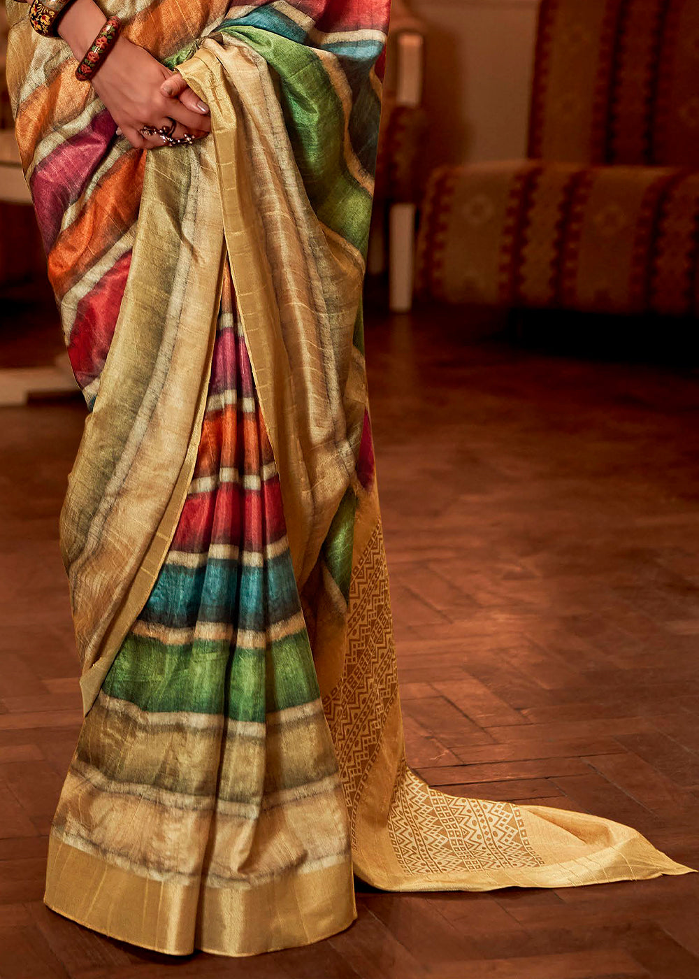 Aztec Multicolored Cream and Green Printed Banarasi Saree