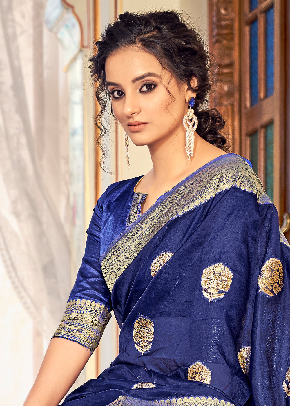 East Bay Blue Zari Woven Banarasi Organza Saree