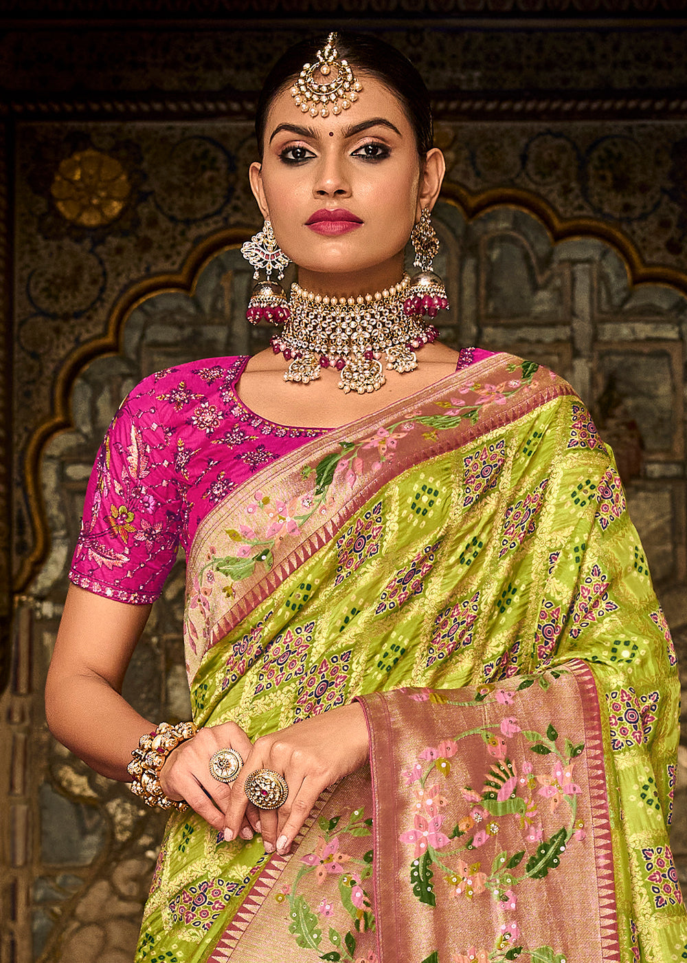 Earls Green and Pink  Patola Printed Dola Silk Saree With Embroidered Blouse