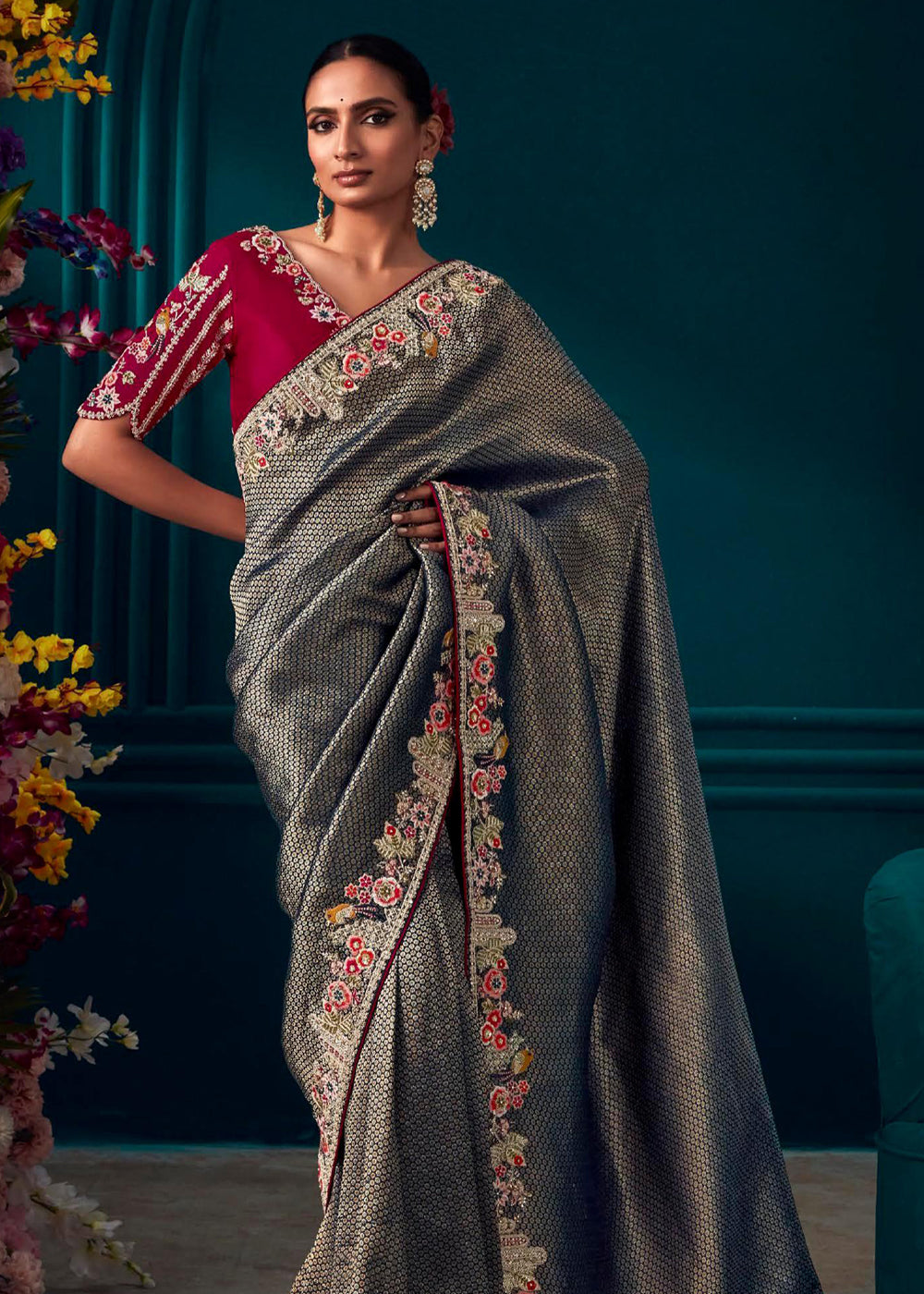 Corduroy Grey Woven Embroidered Banarasi Silk Saree