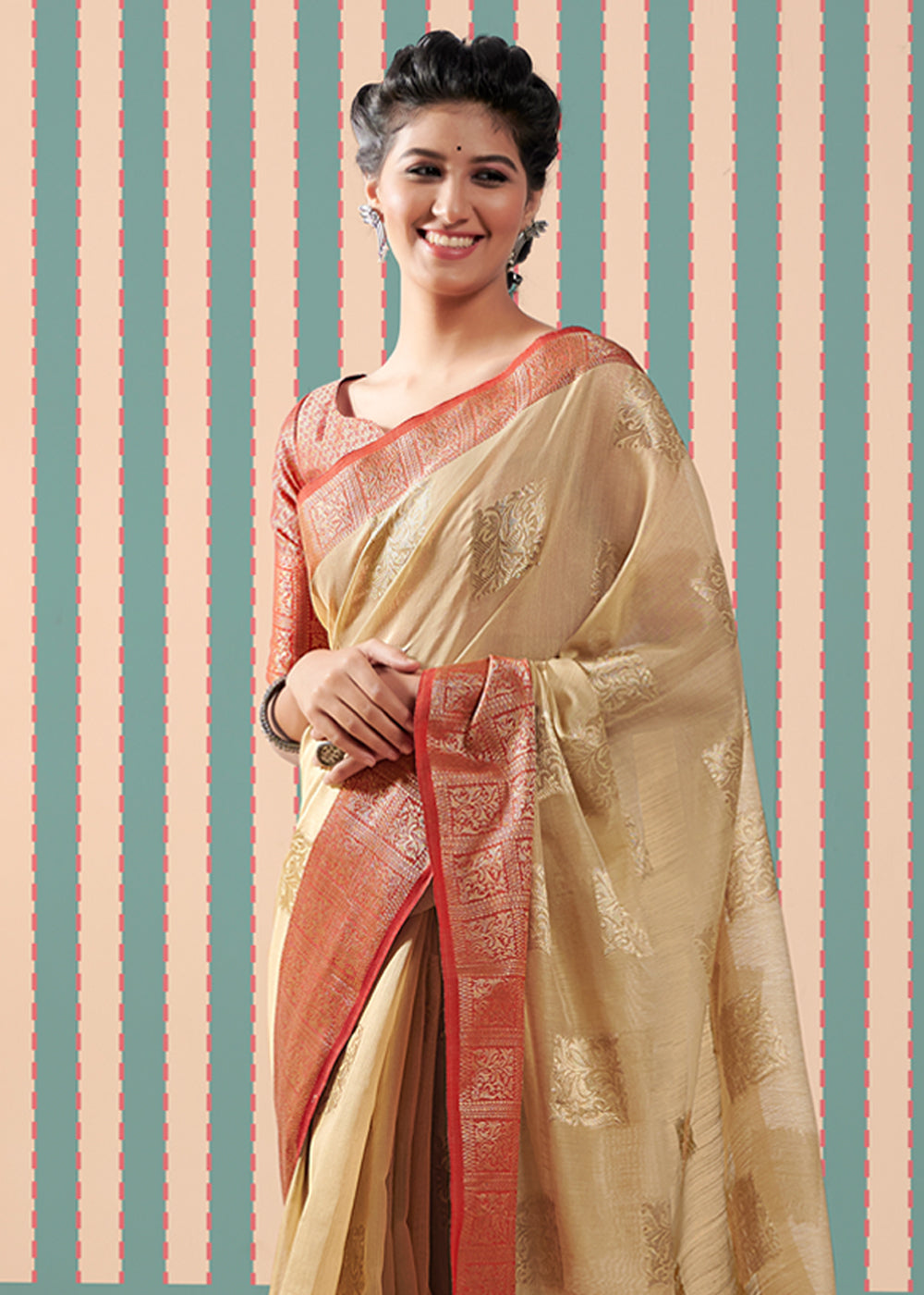 Muddy Water Cream Zari Woven Banarasi Brocade Linen Saree