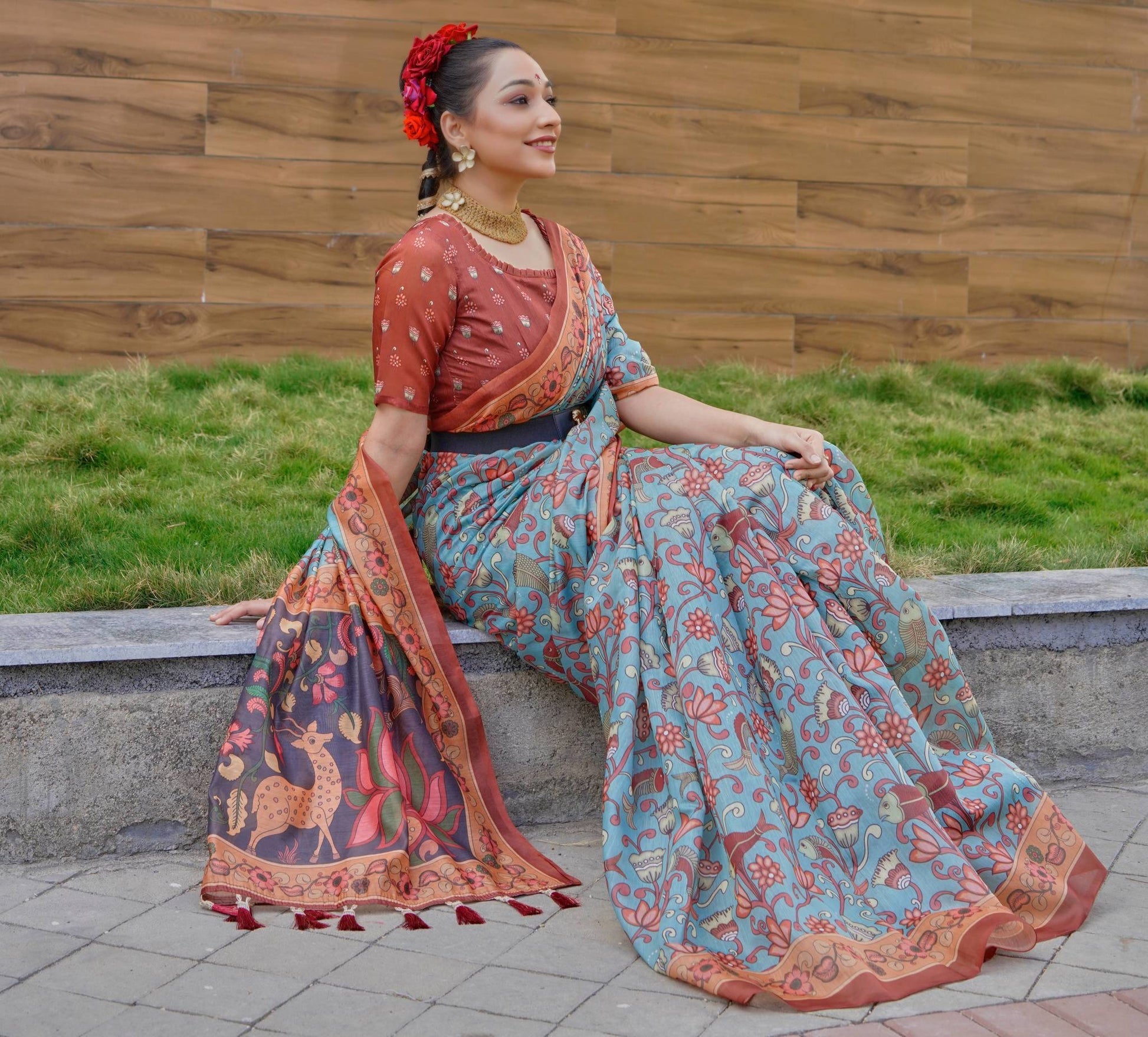 Blue Bell Cotton Kalamkari Printed Saree