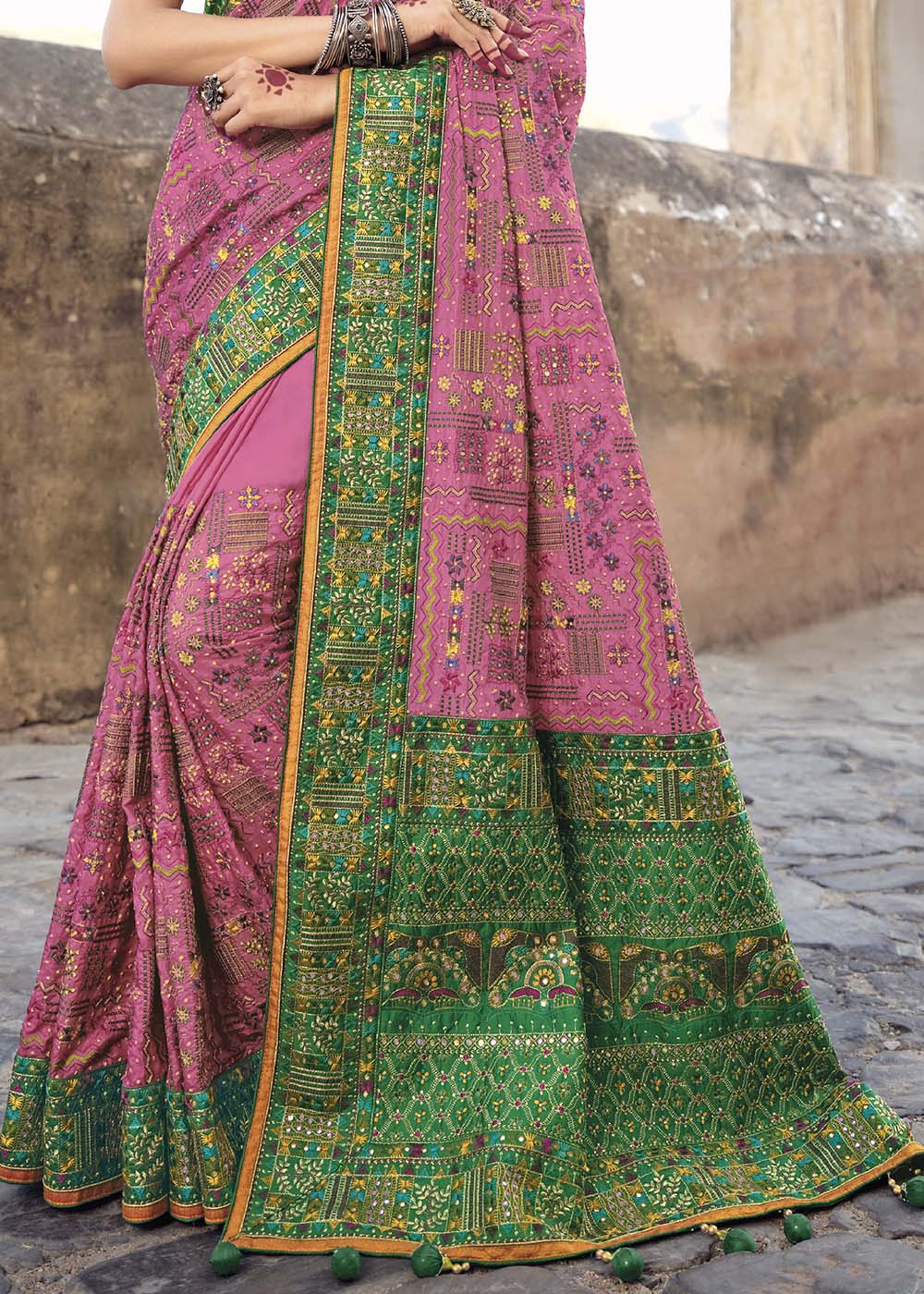 Contessa Pink and Green Banarasi Saree with Kachhi,Mirror and Diamond Work