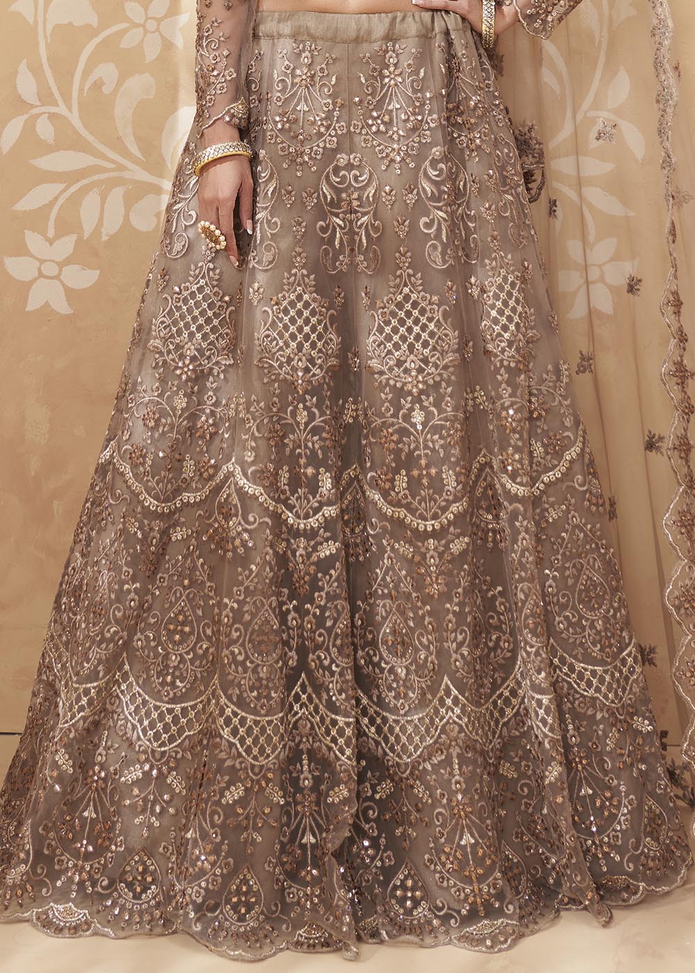 Blast Off Brown Designer Net Lehenga with Multi Thread Embroidery Work