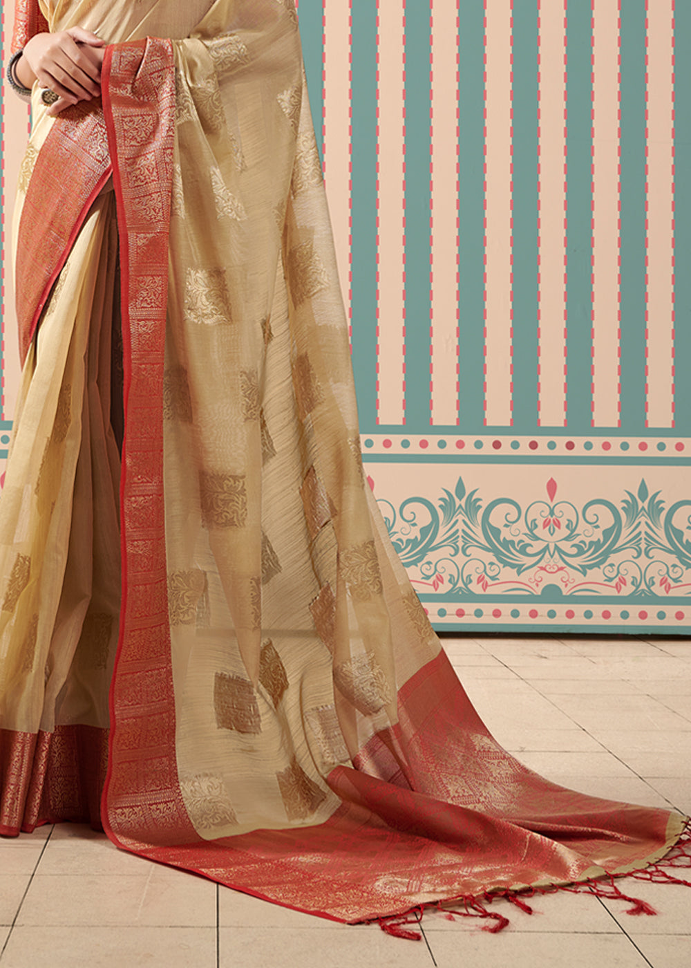 Muddy Water Cream Zari Woven Banarasi Brocade Linen Saree