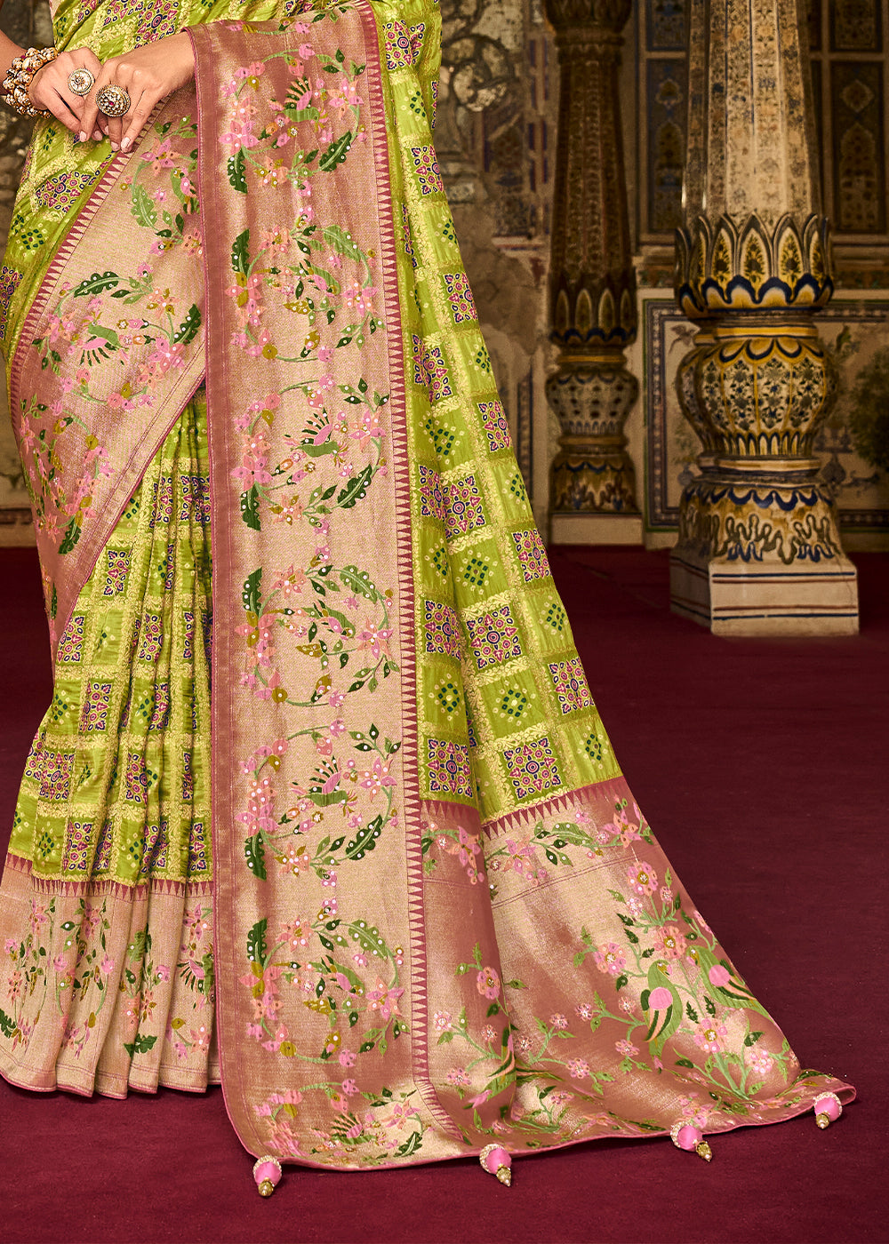 Earls Green and Pink  Patola Printed Dola Silk Saree With Embroidered Blouse