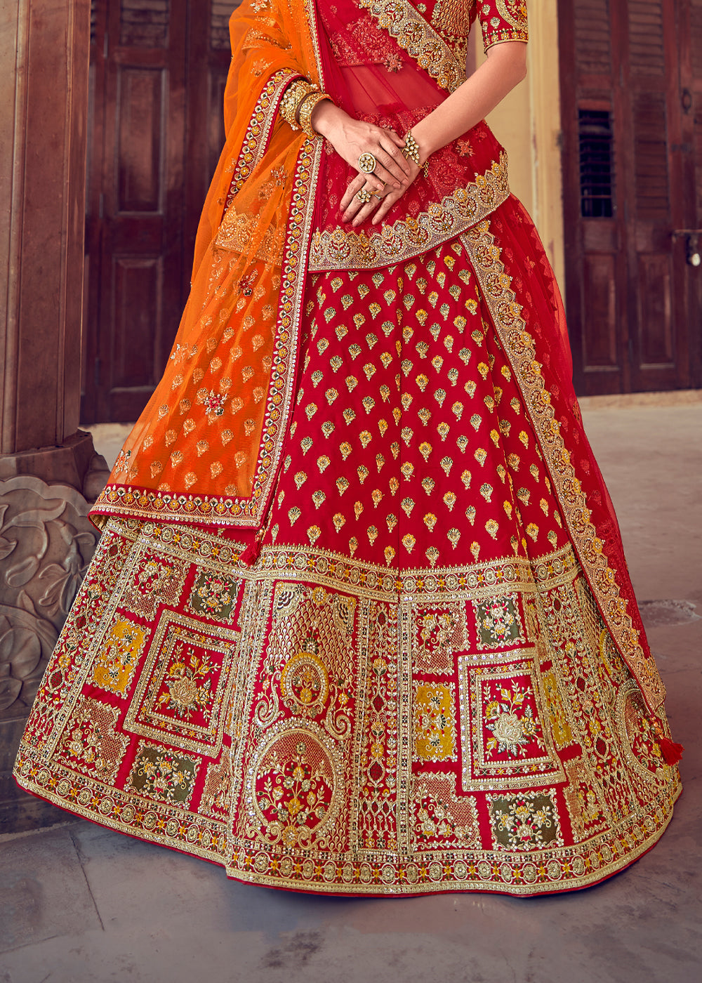 Persian Red and Orange Heavy Embroidered Designer Lehenga