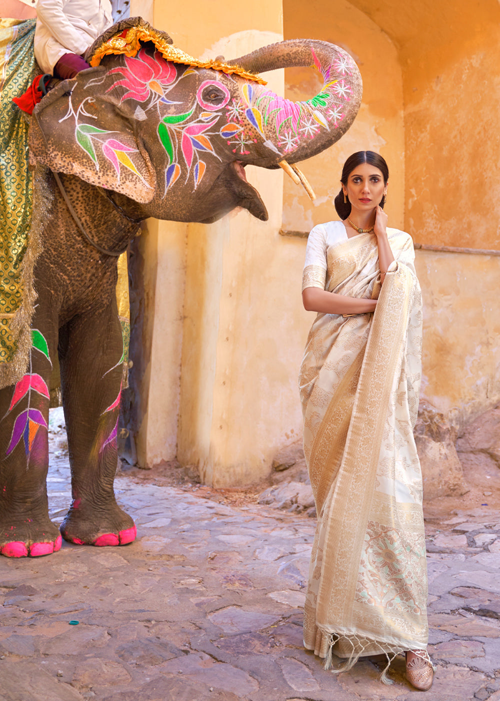 Almond White Zari Woven Banarasi Handloom Saree