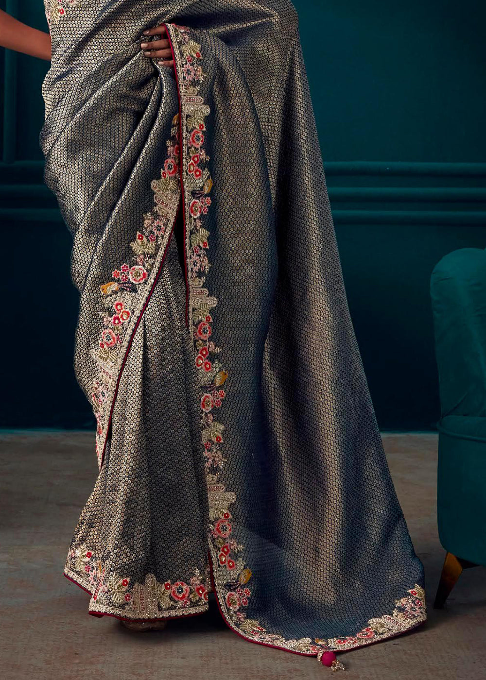 Corduroy Grey Woven Embroidered Banarasi Silk Saree