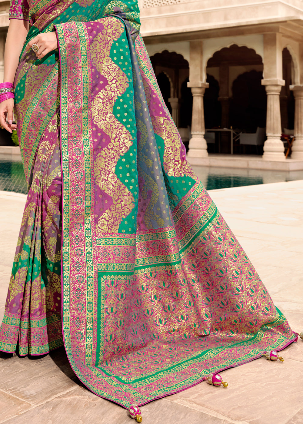 Pine Green and Purple Woven Designer Banarasi Silk Saree