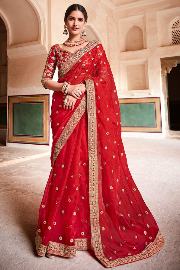 Pearl Red Organza Saree