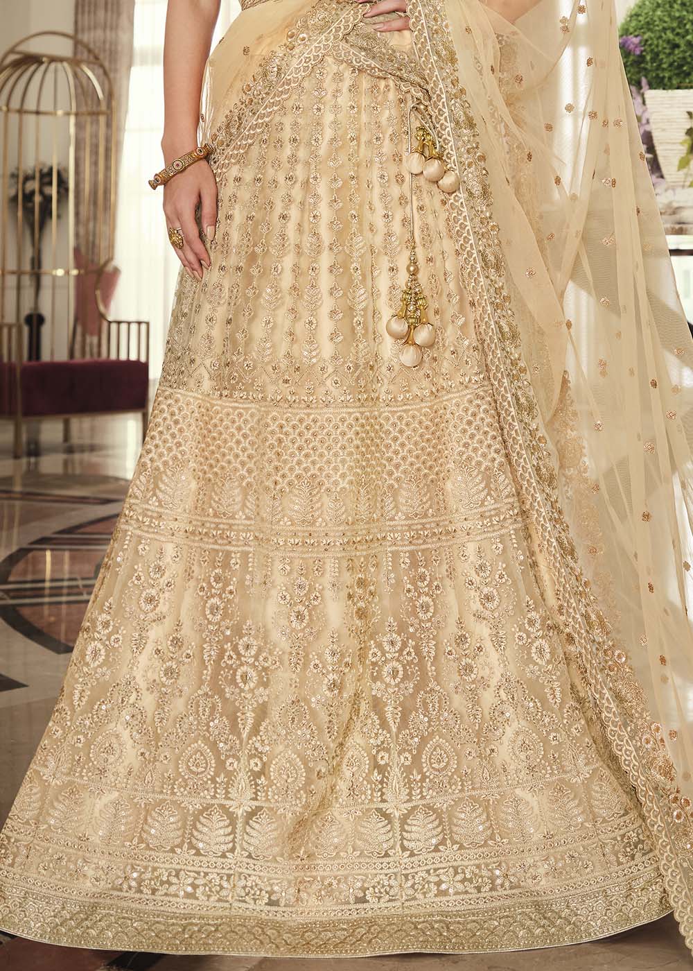 Peach Cream Net Designer Lehenga With Heavy Embroidered Work