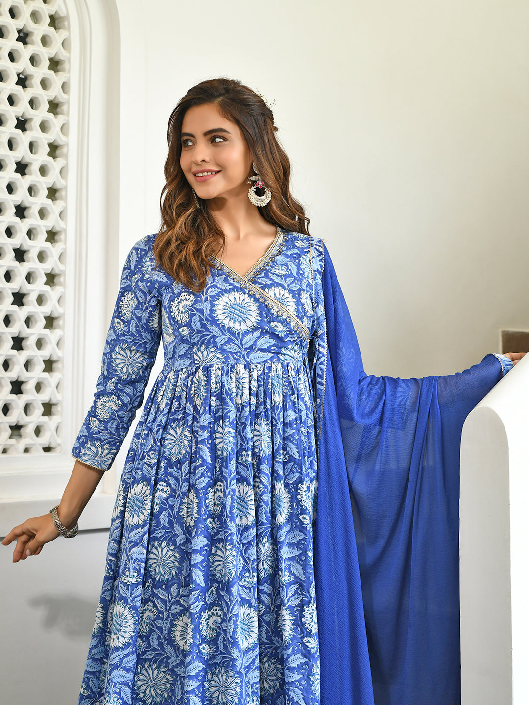 Indigo Blue Cotton Floral Block Print Kurta With Pant And Dupatta Set