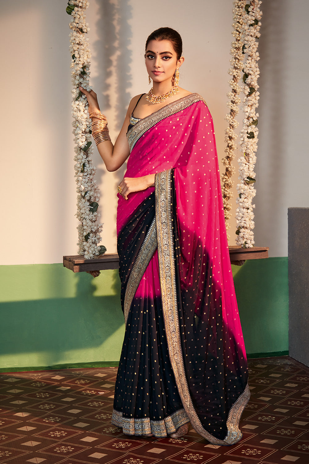 Rose Pink and Black Printed Georgette Saree