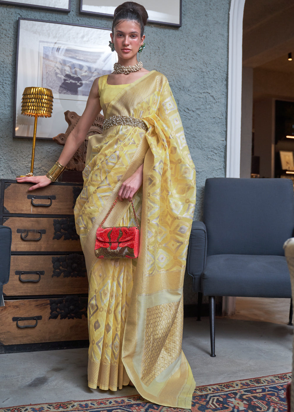 Laser Yellow Woven Banarasi Linen Silk Saree