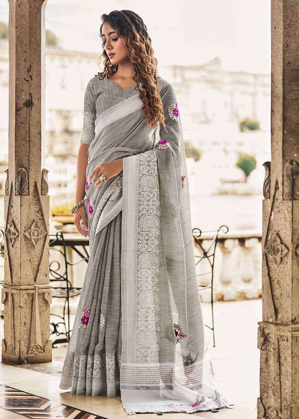 Zorba Grey Zari Woven Soft Linen Silk Saree