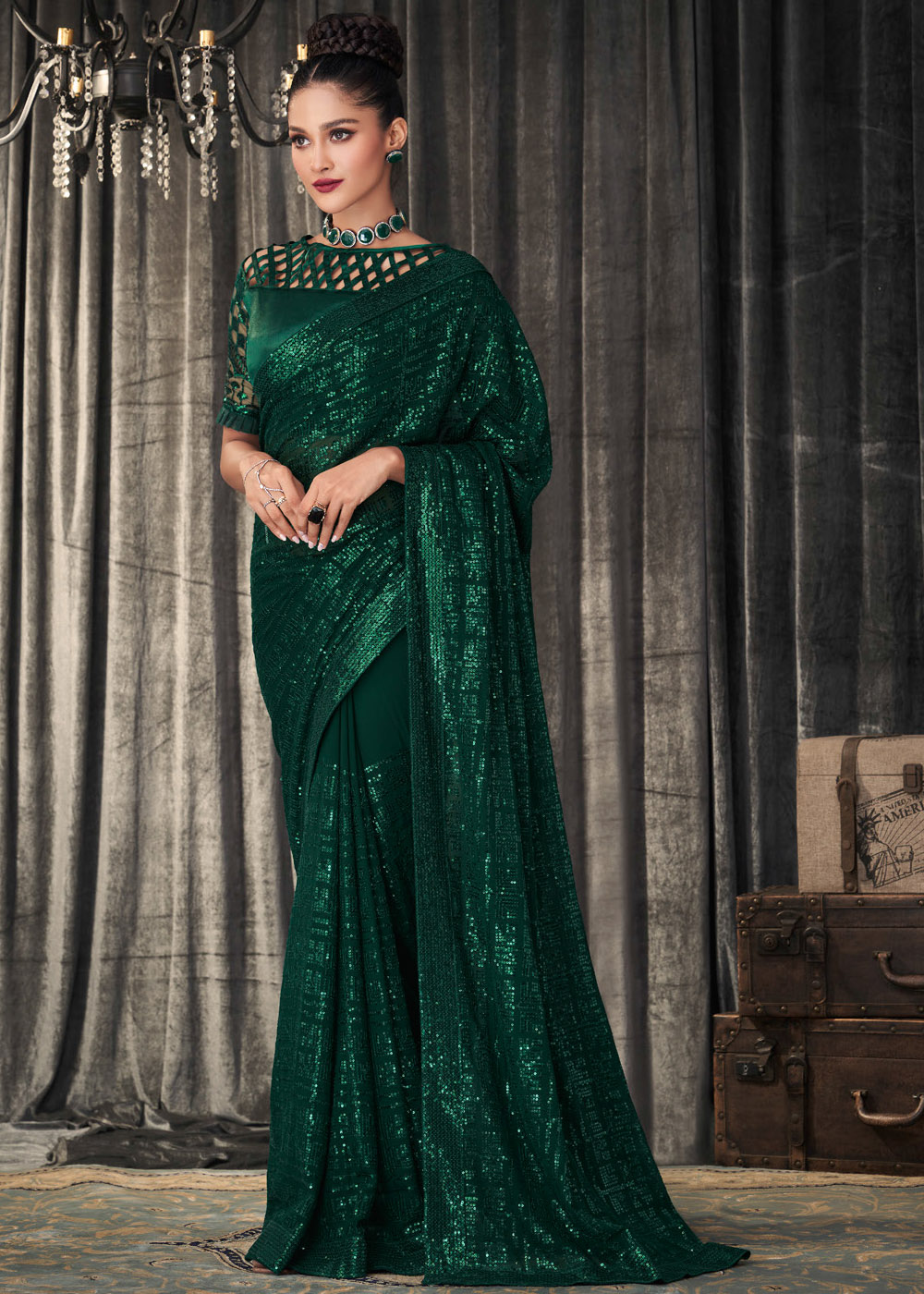 Gable Green Sequins Embroidered Designer Georgette Saree