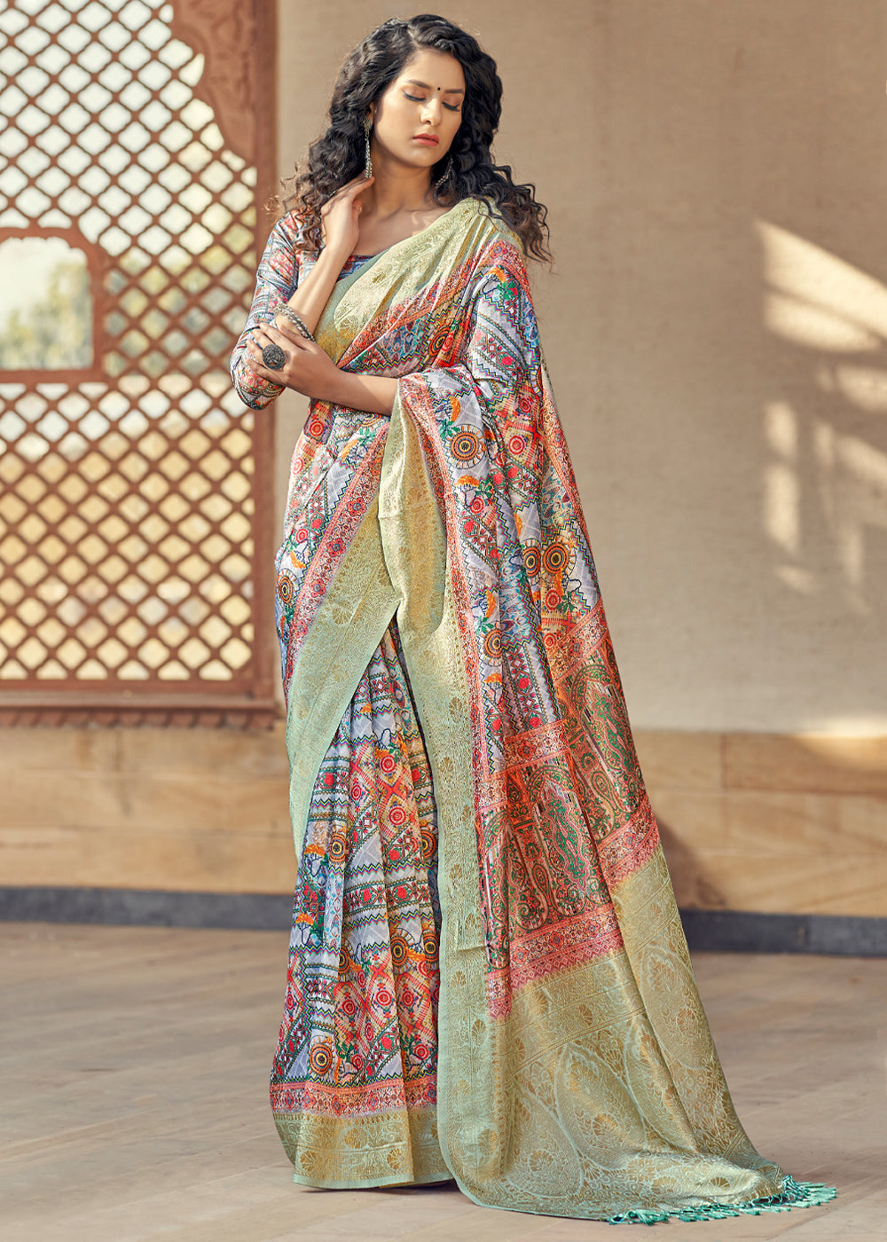 Santas Grey Multicolored Digital Printed Jacquard Silk Saree