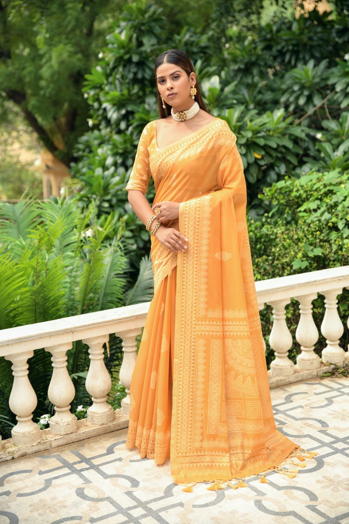 Salomie Yellow Lucknowi Cotton Saree